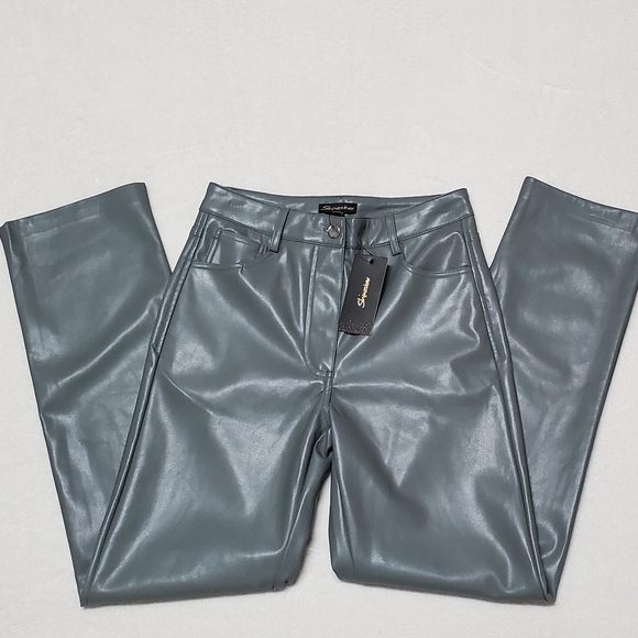 Shinestar Pewter Gray Faux Leather High Waisted Straight Leg Trouser Pants Small - Picture 3 of 9